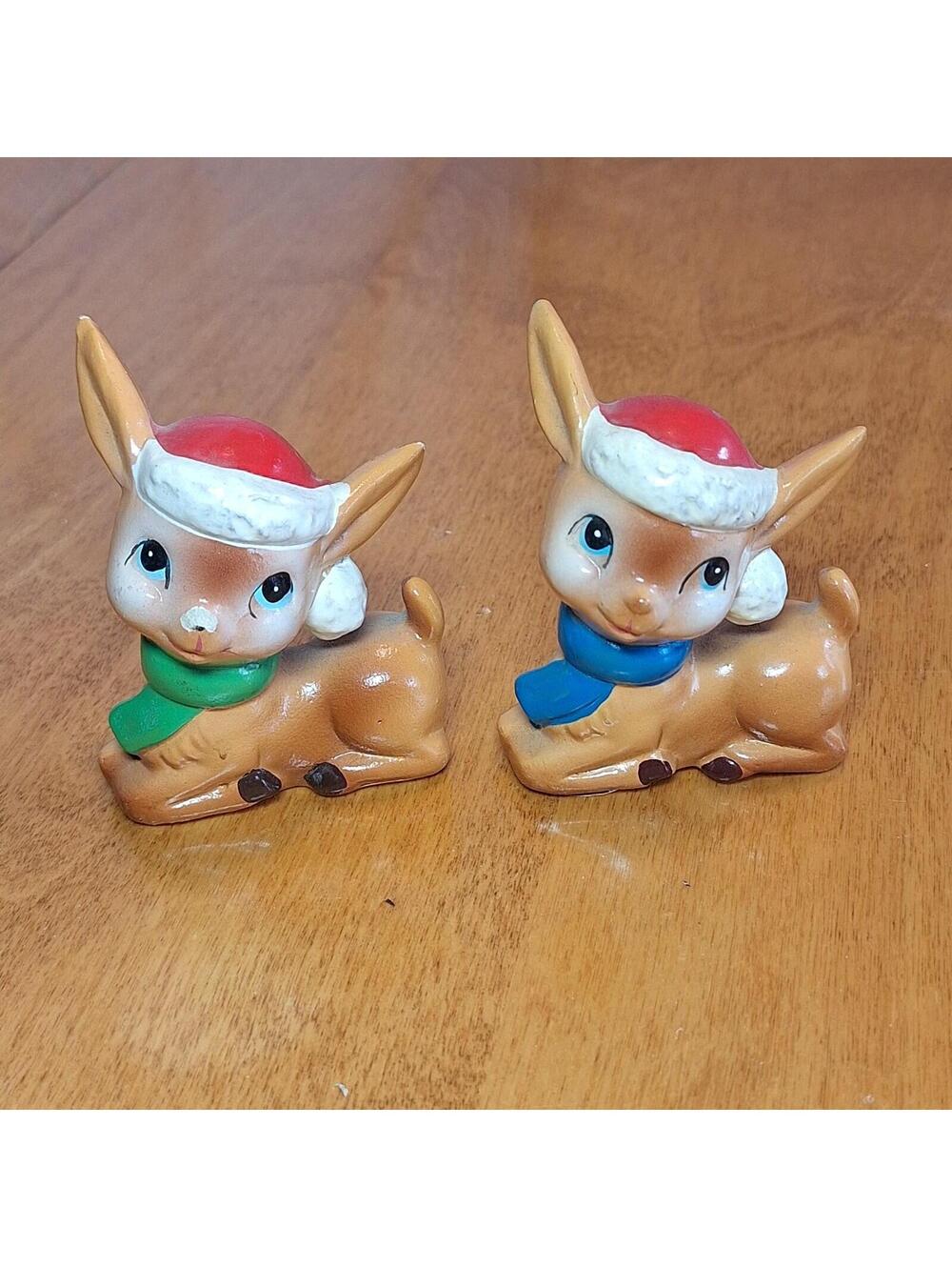 Vintage Ceramic Reindeer Figurines Set of 2 With Scarves and Santa Hats 3"H READ